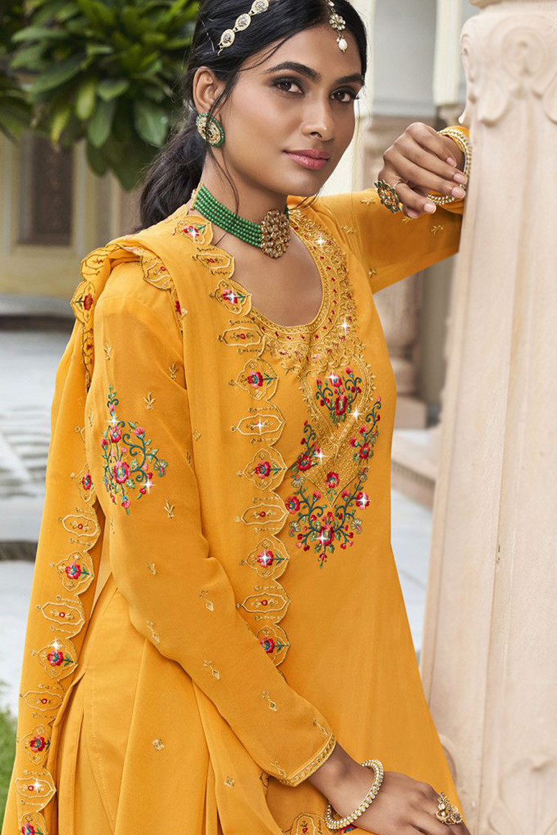 Sharara Suits : Yellow print and embroidered sharara suit ...