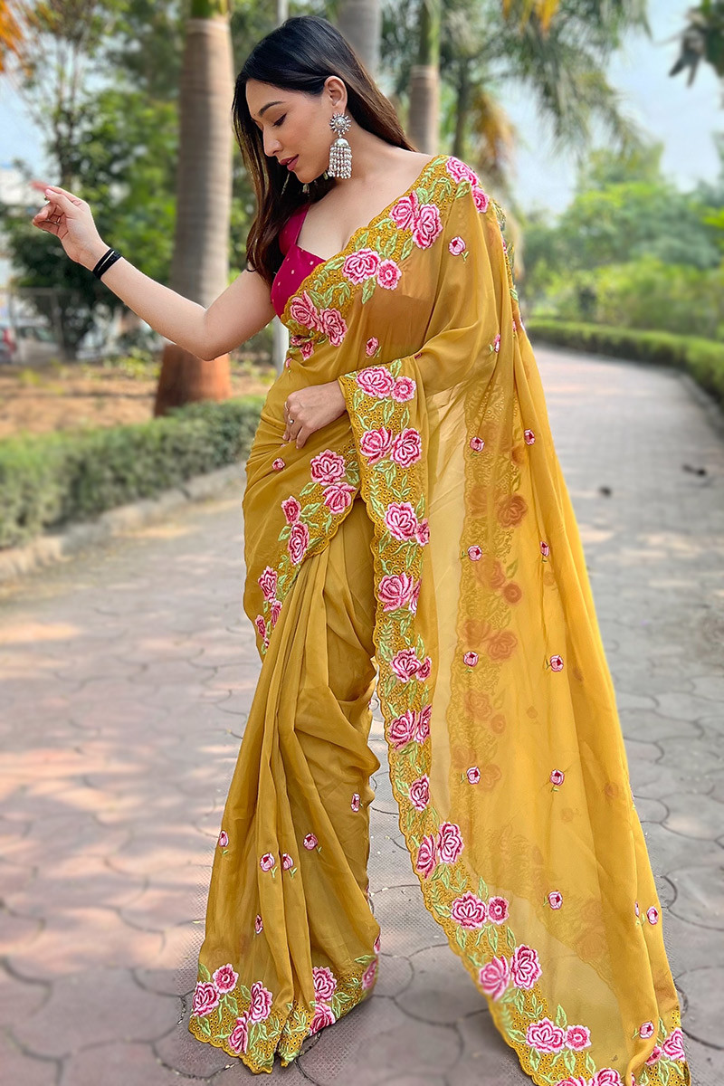 Mustard Yellow Embroidered Soft Silk Lightweight Saree For Haldi