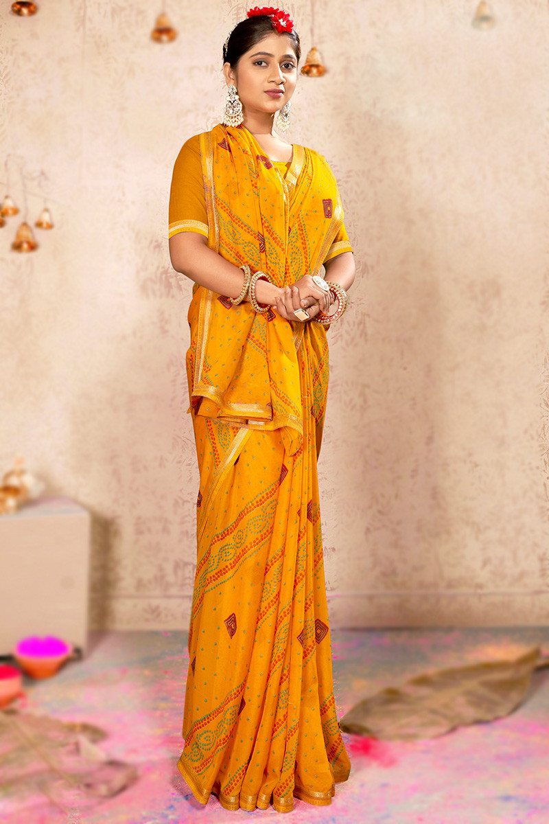 Buy Yellow Georgette Festival Wear Bandhani Saree Online From Wholesale  Salwar.