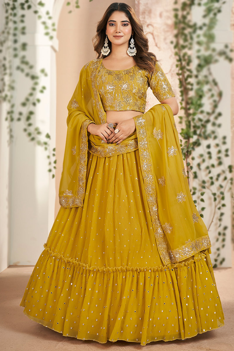 Mustard Yellow Georgette Embroidered Flared Lehenga 