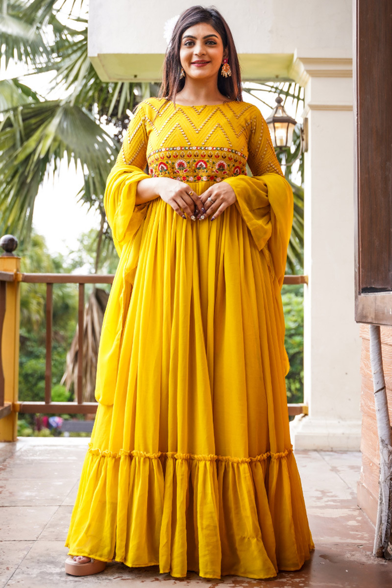 Mustard Yellow Georgette Embroidered Gown