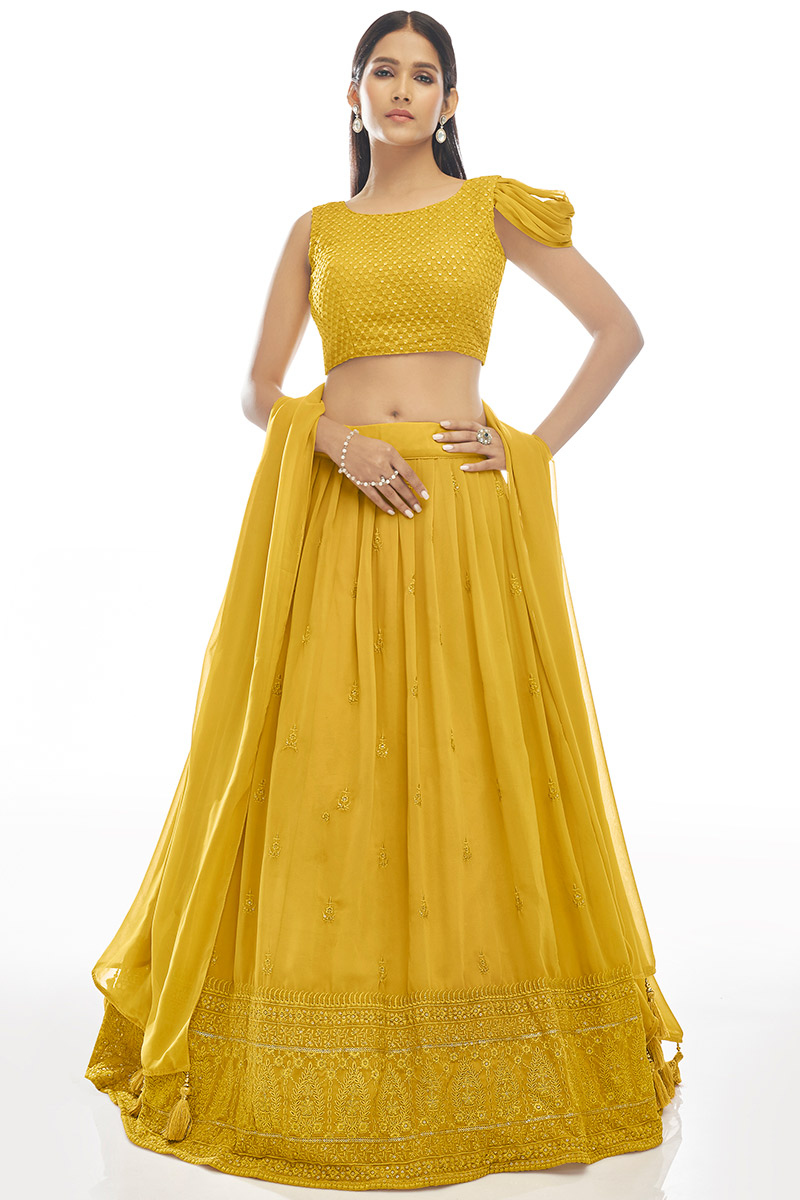 Party Wear Resham Embroidered Lehenga in Georgette Mustard Yellow