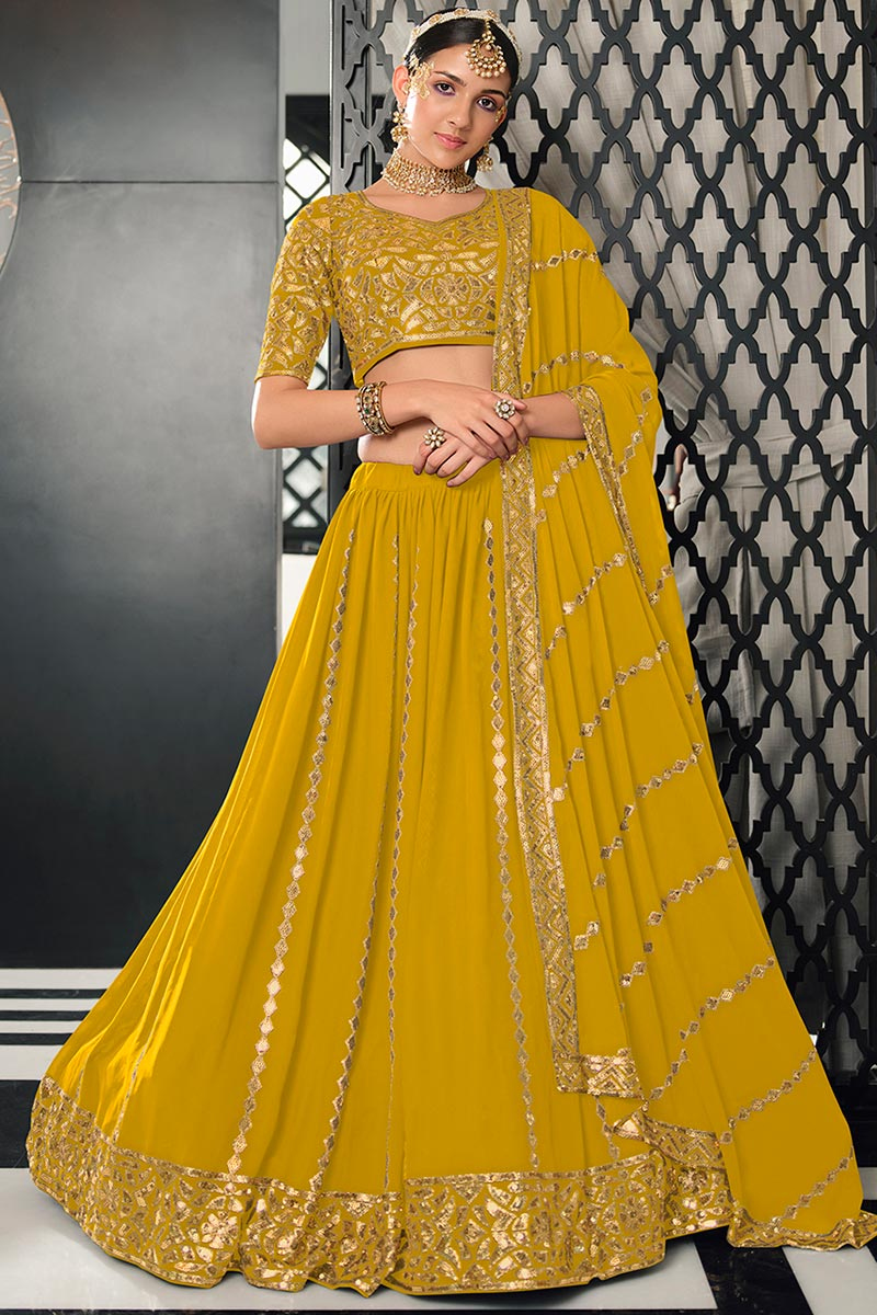 Party Wear Sequins Work Mustard Yellow Lehenga in Georgette