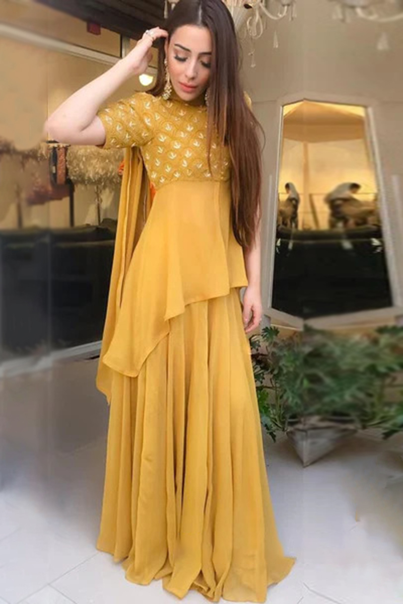 Mustard Yellow Asymmetric Party Wear Lehenga in Georgette
