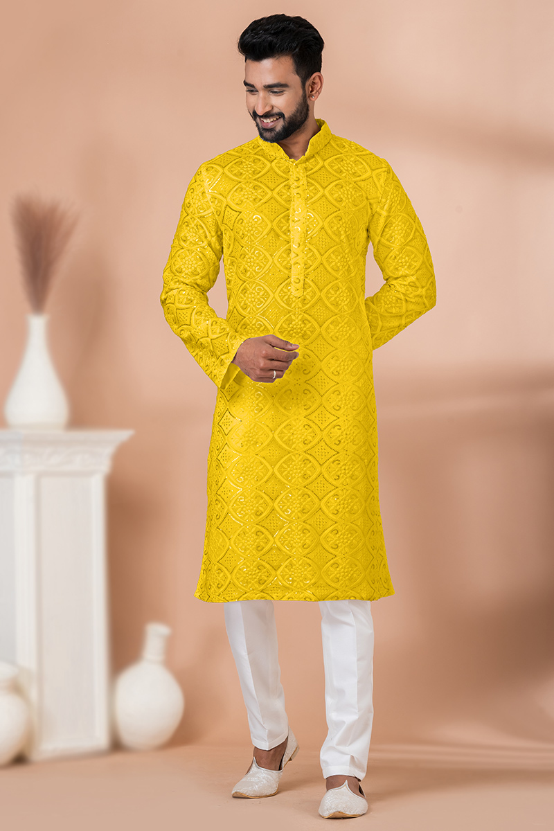 Mustard Yellow Georgette Embroidered Men's Kurta Pajama For Haldi 