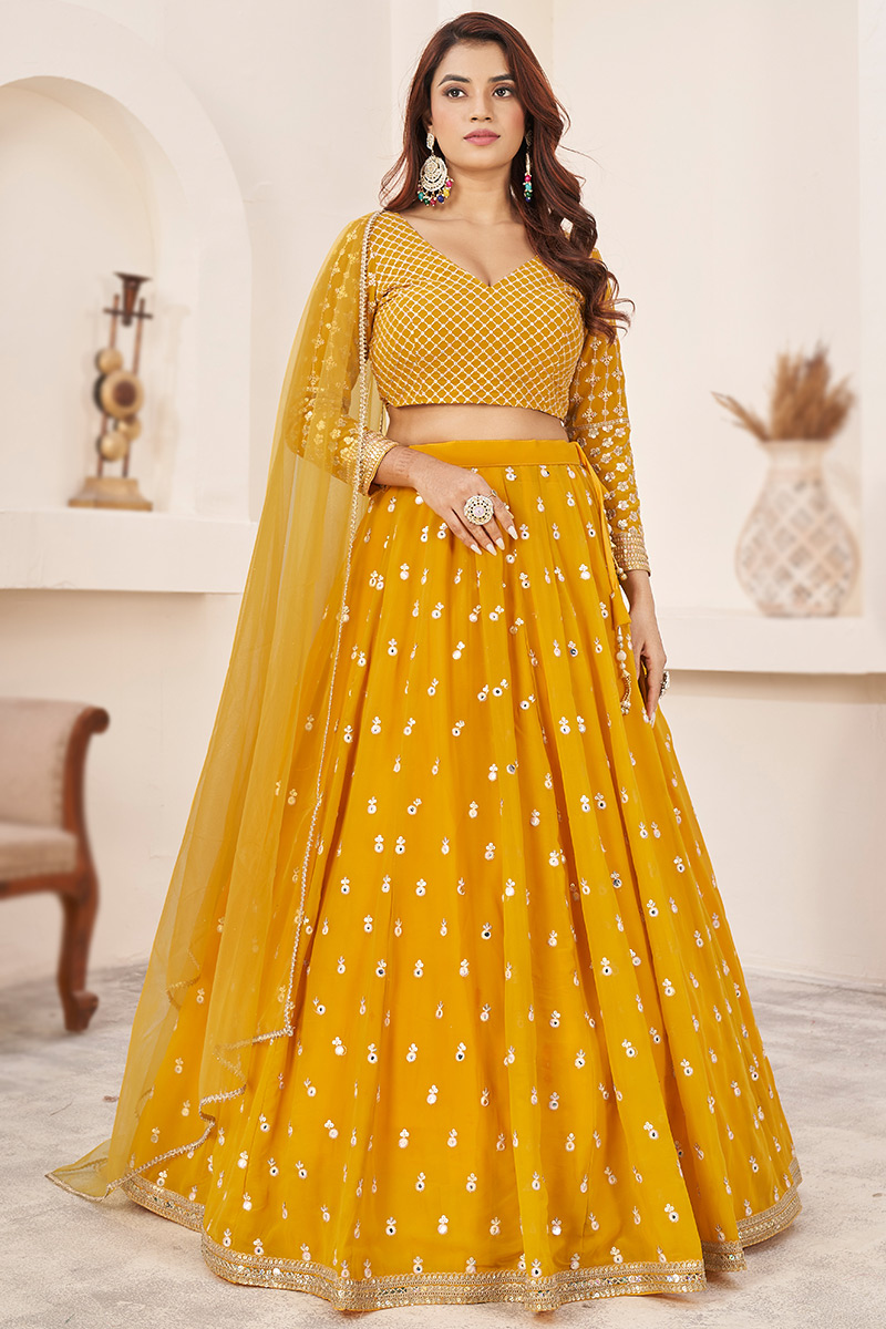 Mustard Yellow Georgette Embroidered Panelled Style Lehenga 