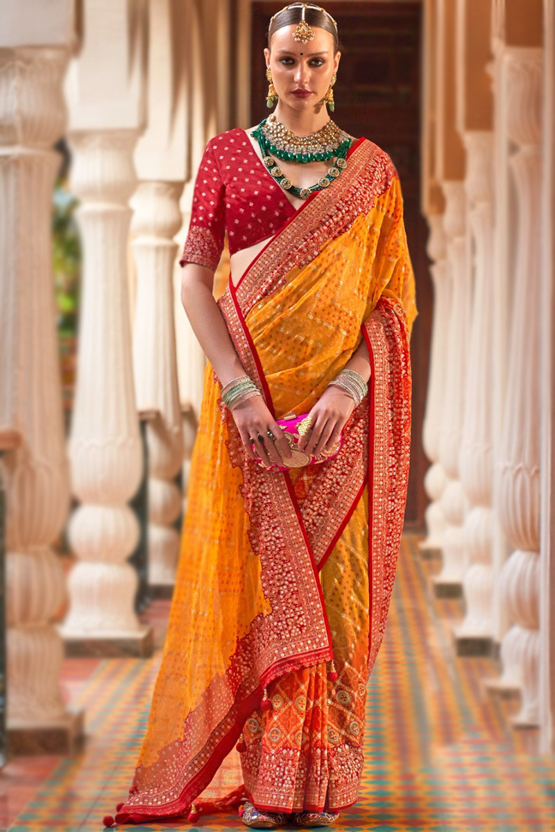 Teejh Eshika Yellow Kota Leheriya Saree with Blouse Piece