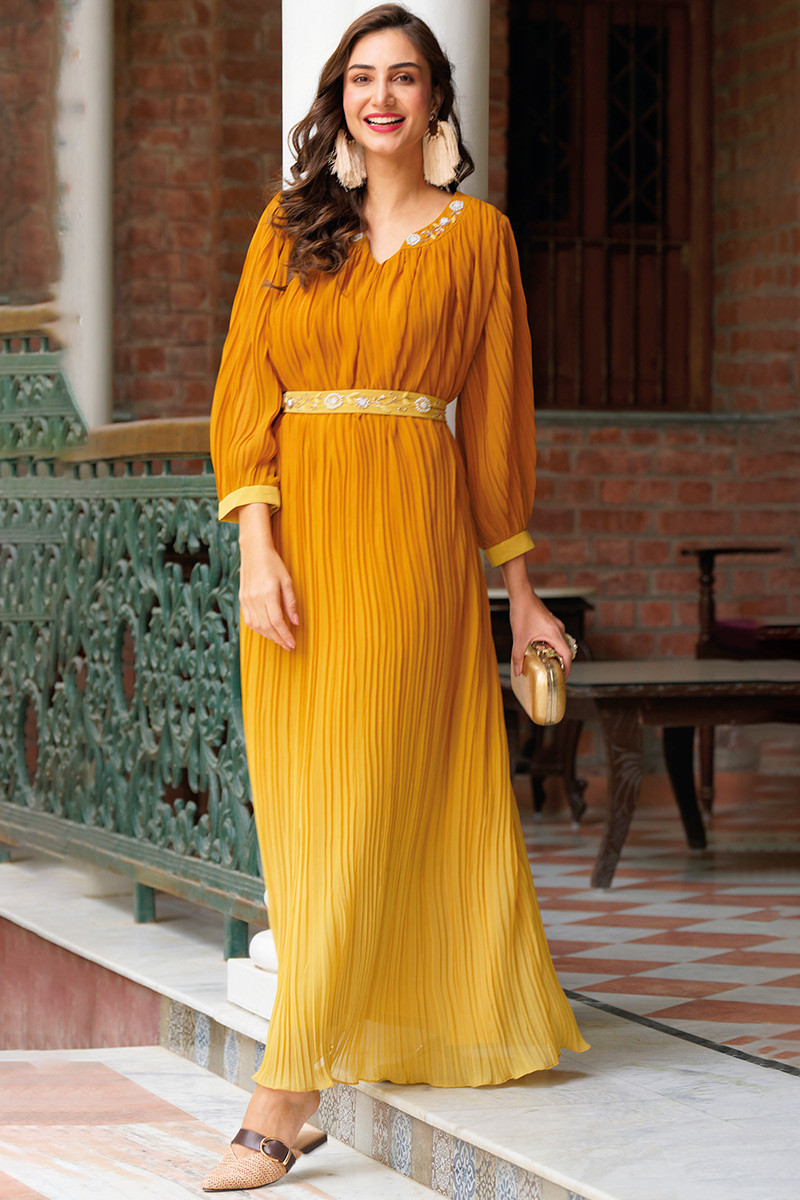 Mustard Yellow Georgette Ombre Printed Gown
