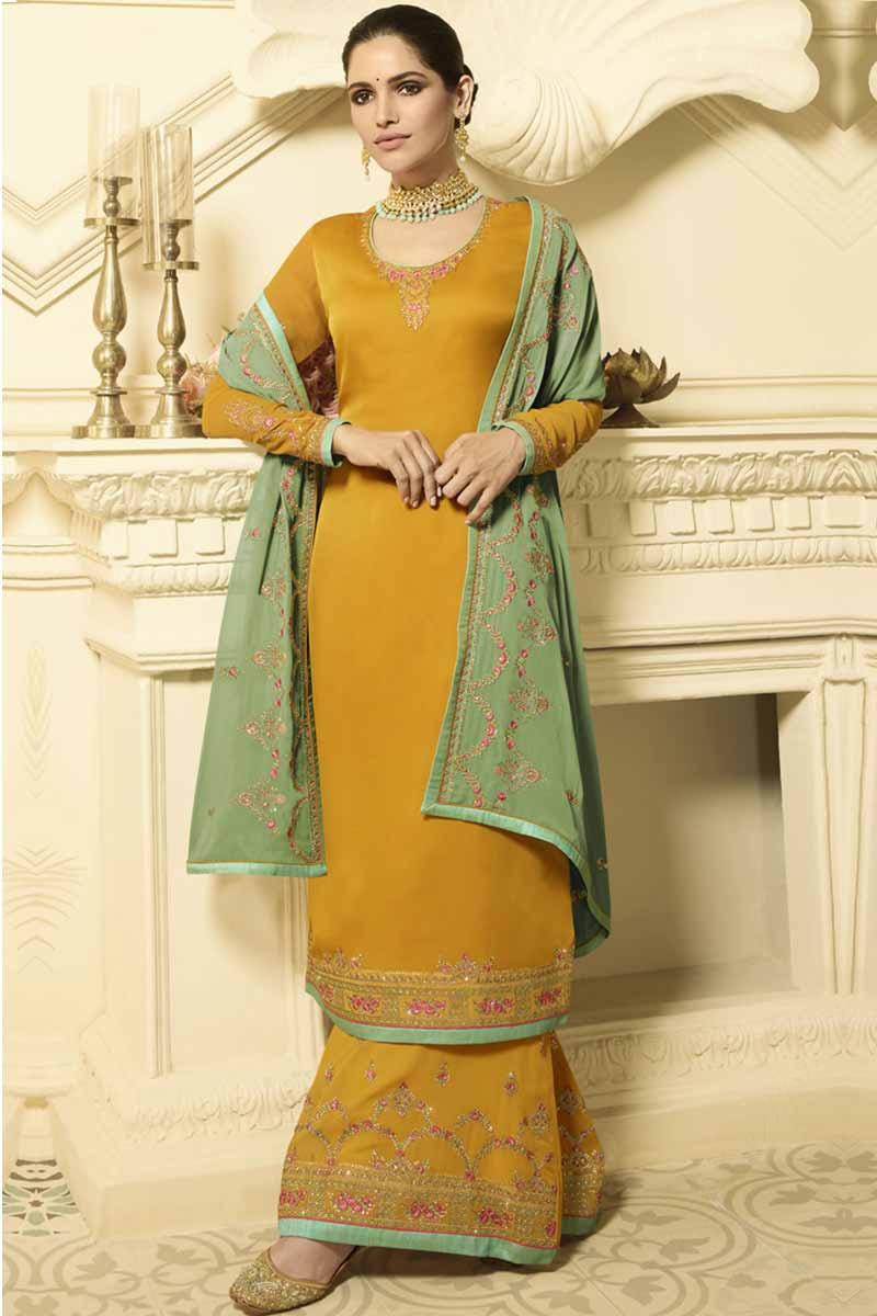 Buy Mustard Yellow Georgette Palazzo Pant Suit Online LSTV03117 Andaaz Fashion