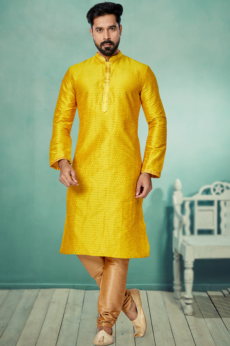 Mustard Yellow Traditional Party Wear Men Kurta Pajama in Jacquard