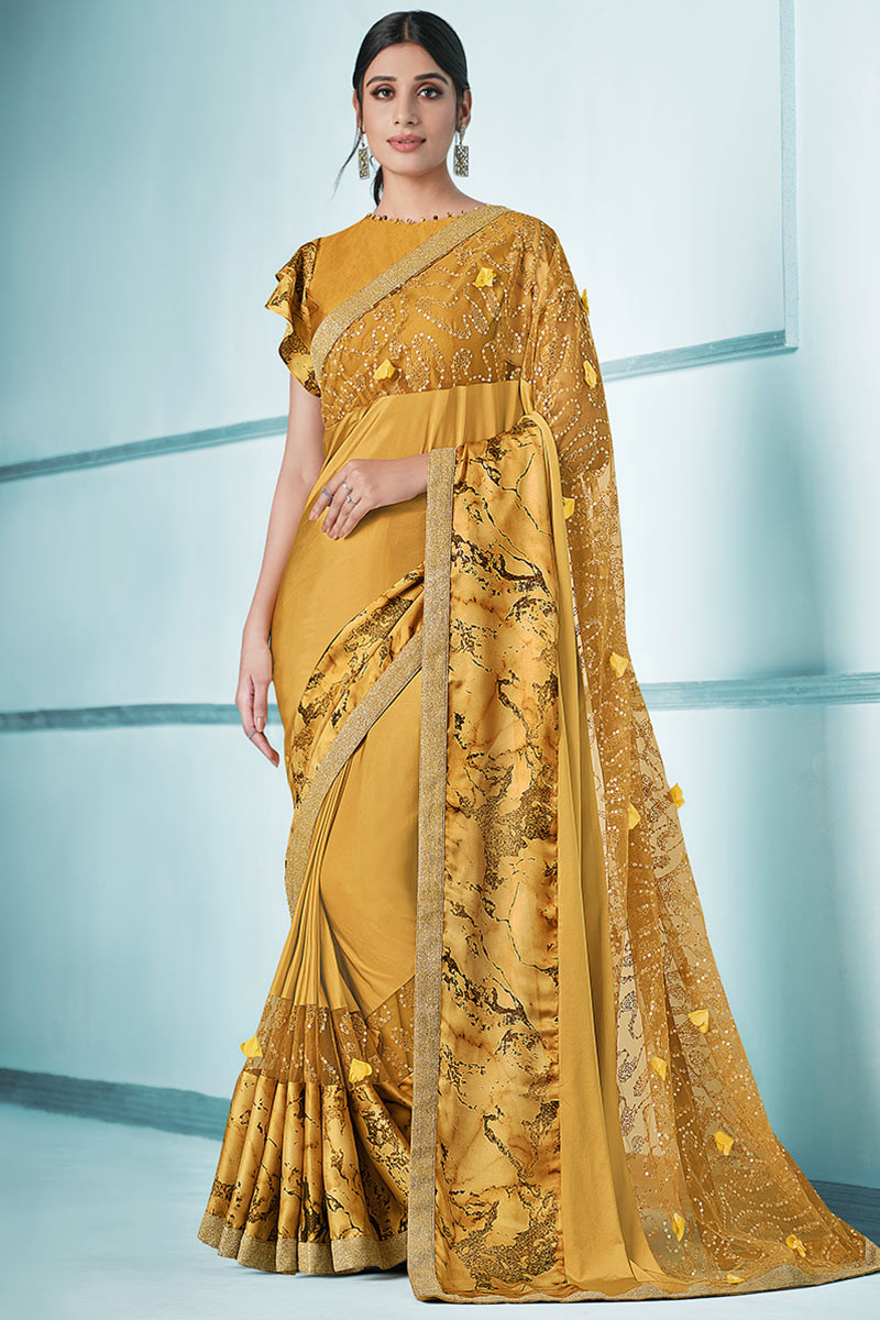 Mustard Yellow Lycra Fancy Saree