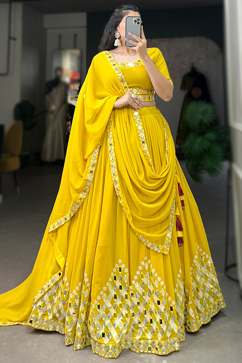 Mustard Yellow Mirror Embroidered Georgette Lehenga For Haldi LLCV118941