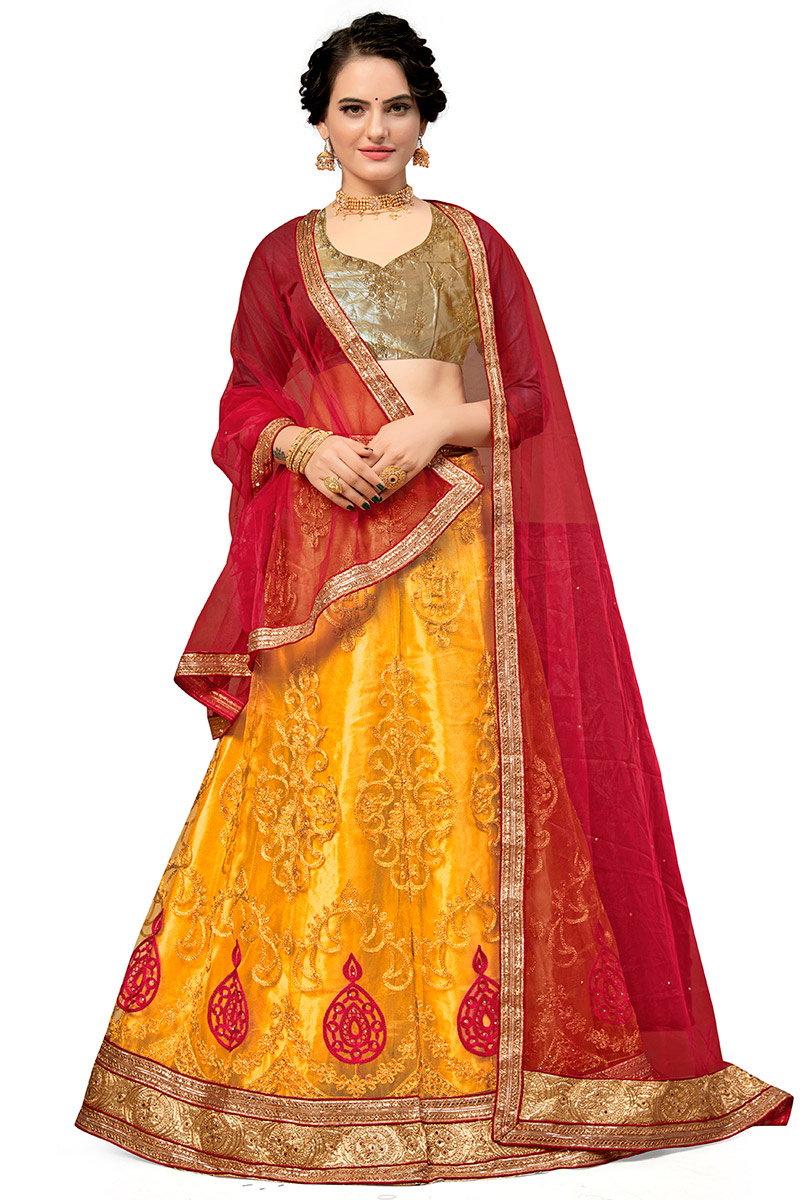 Lace Work Sangeet Lehenga in Mustard Yellow Net