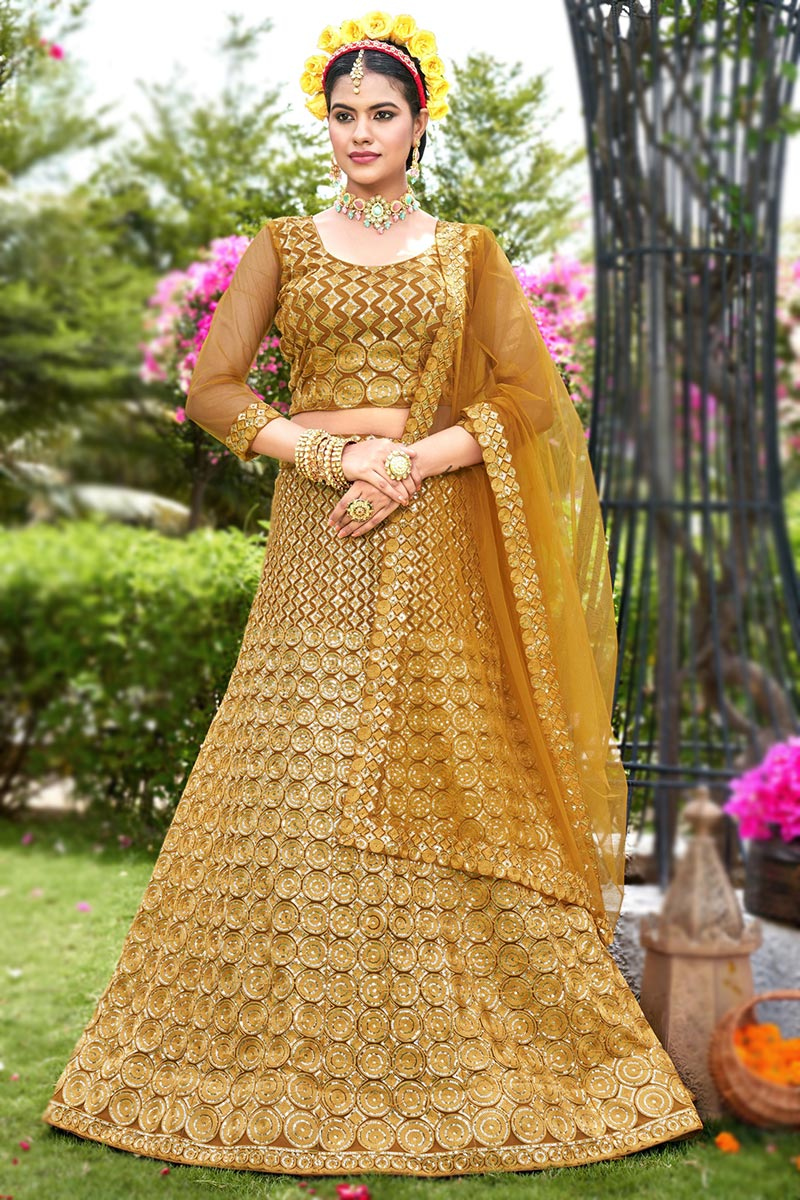 Mustard Yellow Net Lehenga With Thread Embroidery