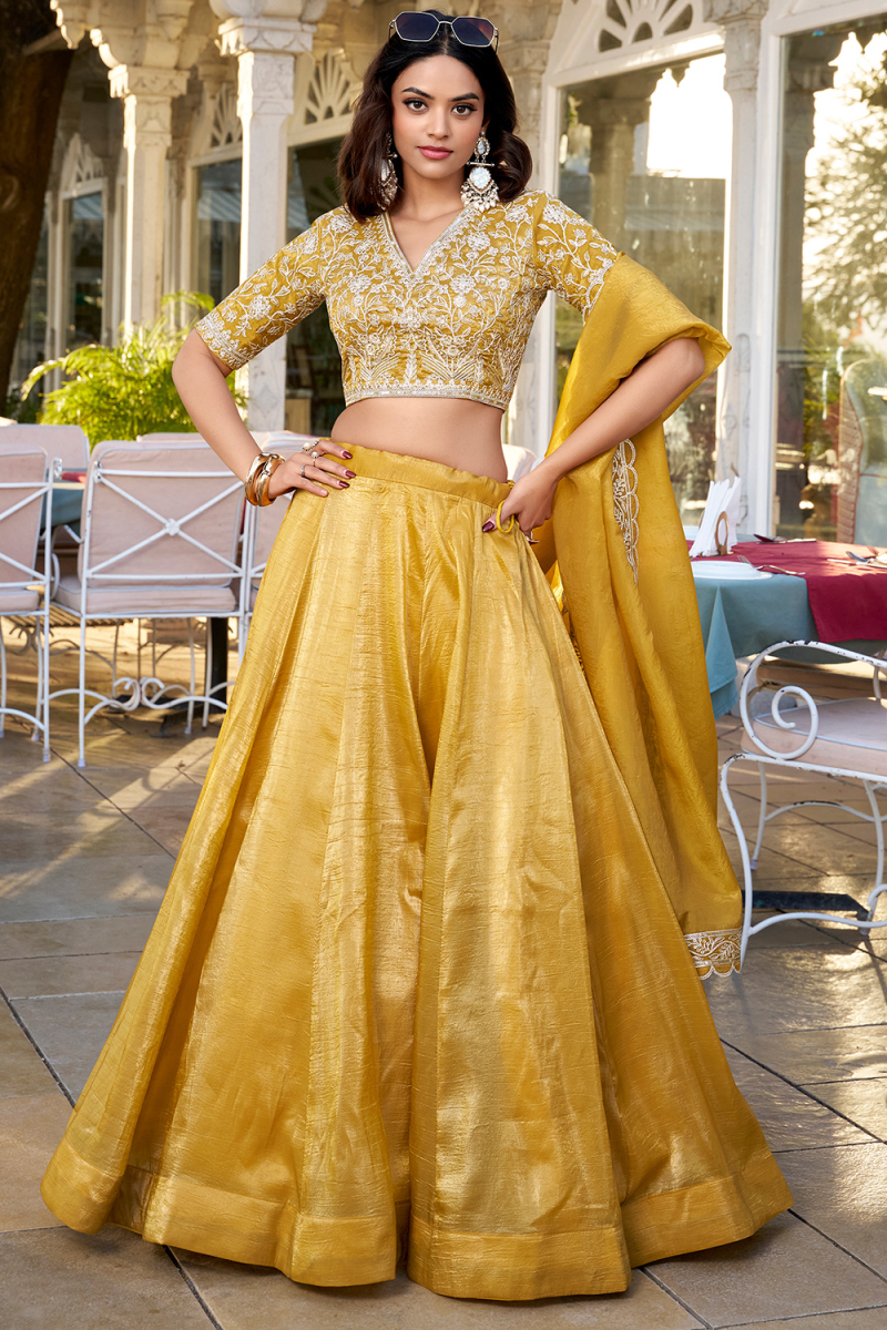 Mustard Yellow Organza Lehenga With Zari Work For Festival