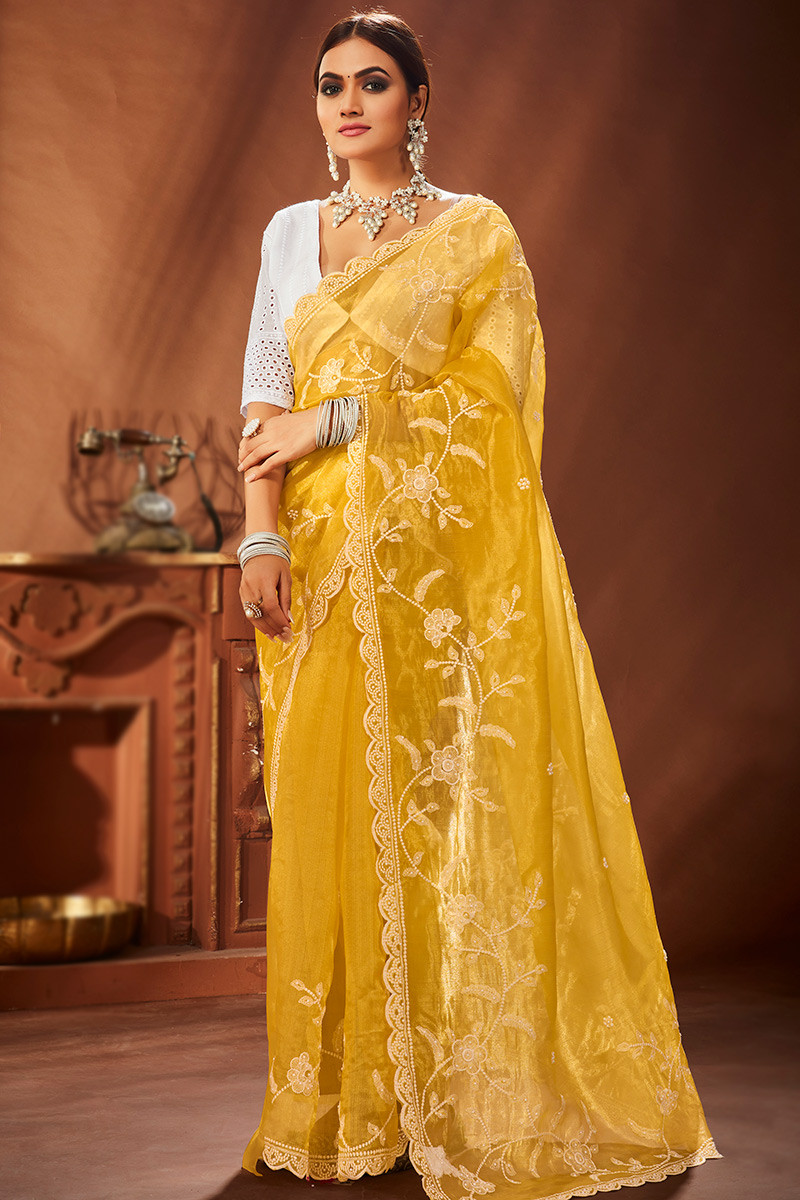 Mustard Yellow Color Organza Fabric Saree With Mirror Work