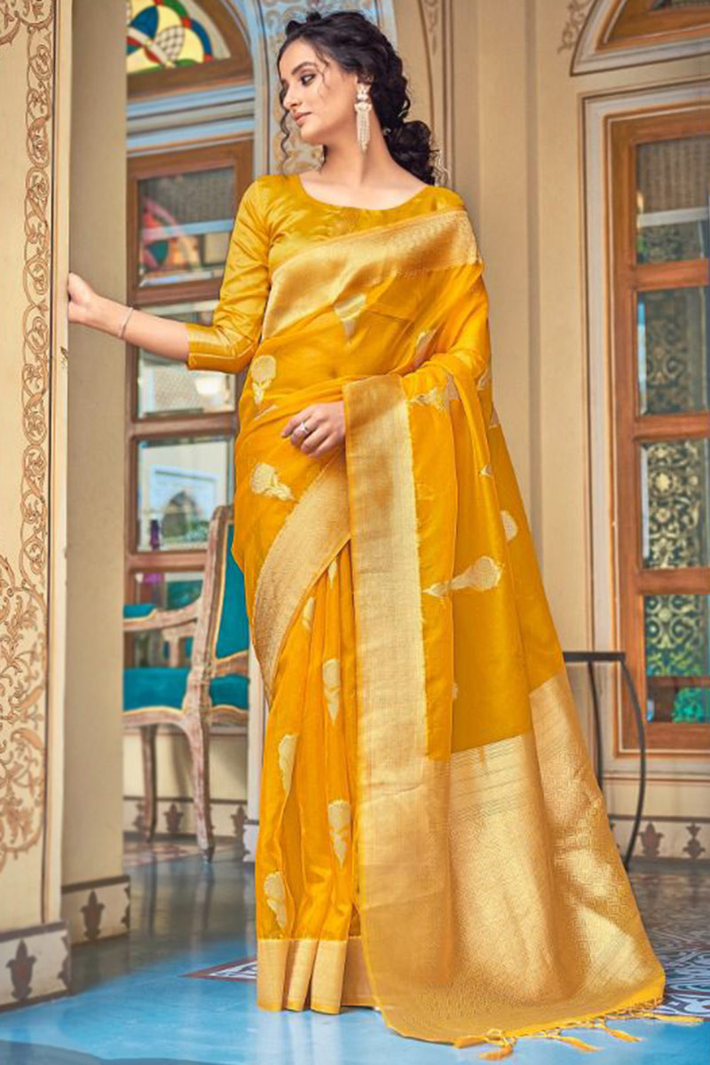 Yellow Embroidered Organza Saree