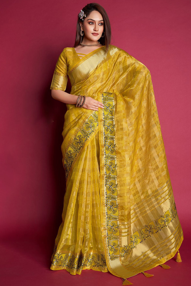 mustard yellow organza woven zari saree sarv146204 1