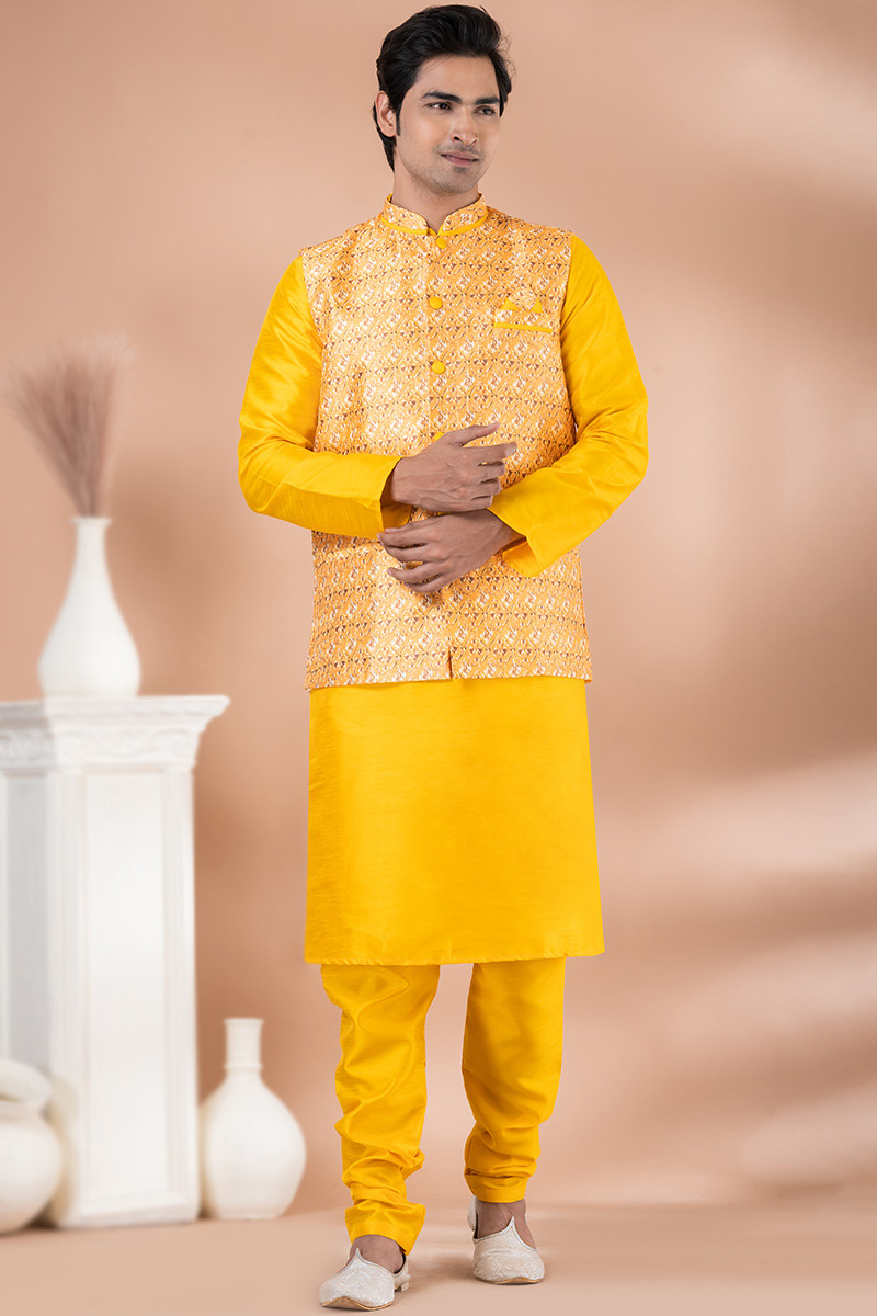 Yellow kurta with jacket mens on sale
