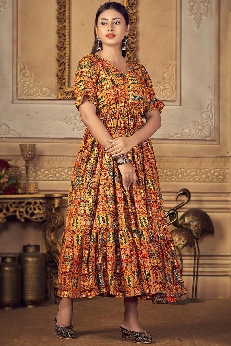 Mustard Yellow Printed Frock Style Rayon Kurti