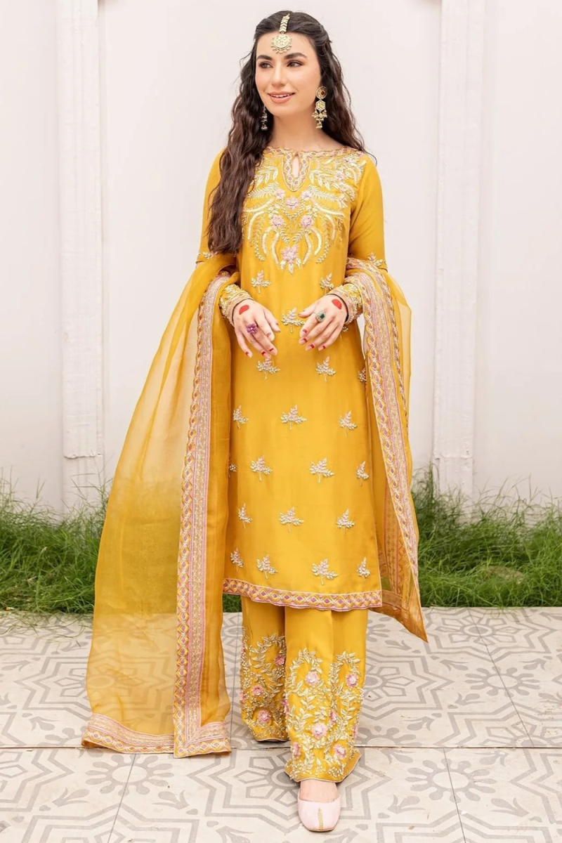 Mustard Yellow Raw Silk Embroidered Bridal Trouser Salwar Suit for Haldi