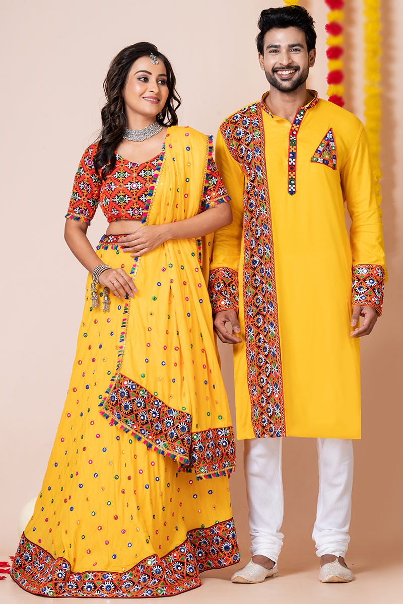 Mustard Yellow Rayon Mirror Embroidered Couple's Outfit 