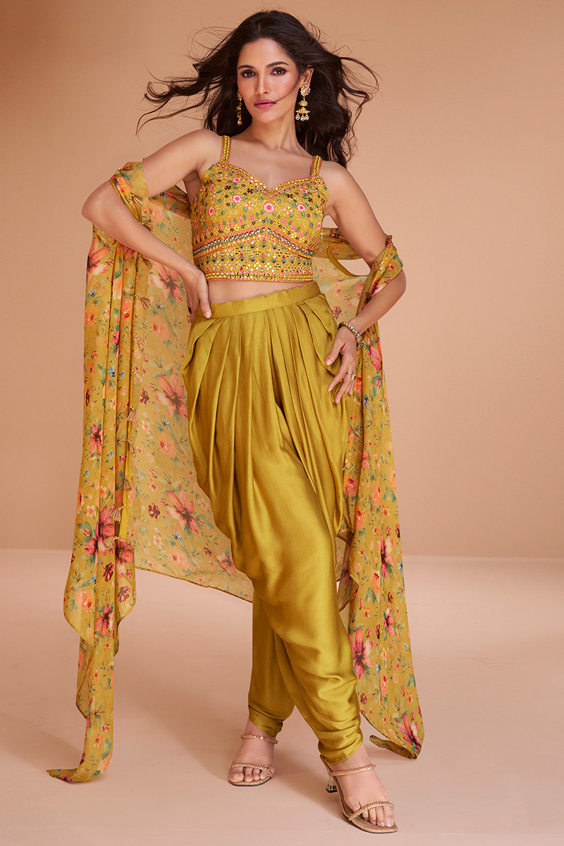 Beautiful Draped Satin-Silk dhoti style pant with blouse and long jacket. |  Indian wedding outfits, Gowns dresses, Clothes for women