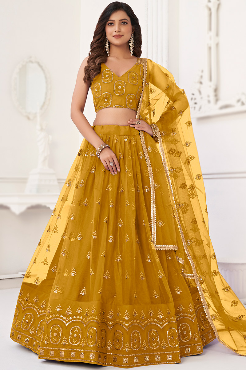 Mustard Yellow Sequins Embroidered Net Lehenga For Haldi 