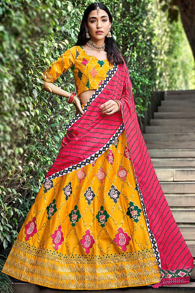 Lehenga in Mustard Yellow Silk for Sangeet with Thread embroidery