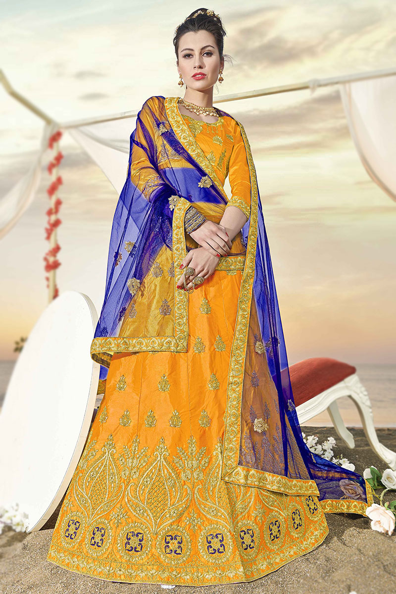 Zari Work Sangeet Lehenga in Mustard Yellow Silk