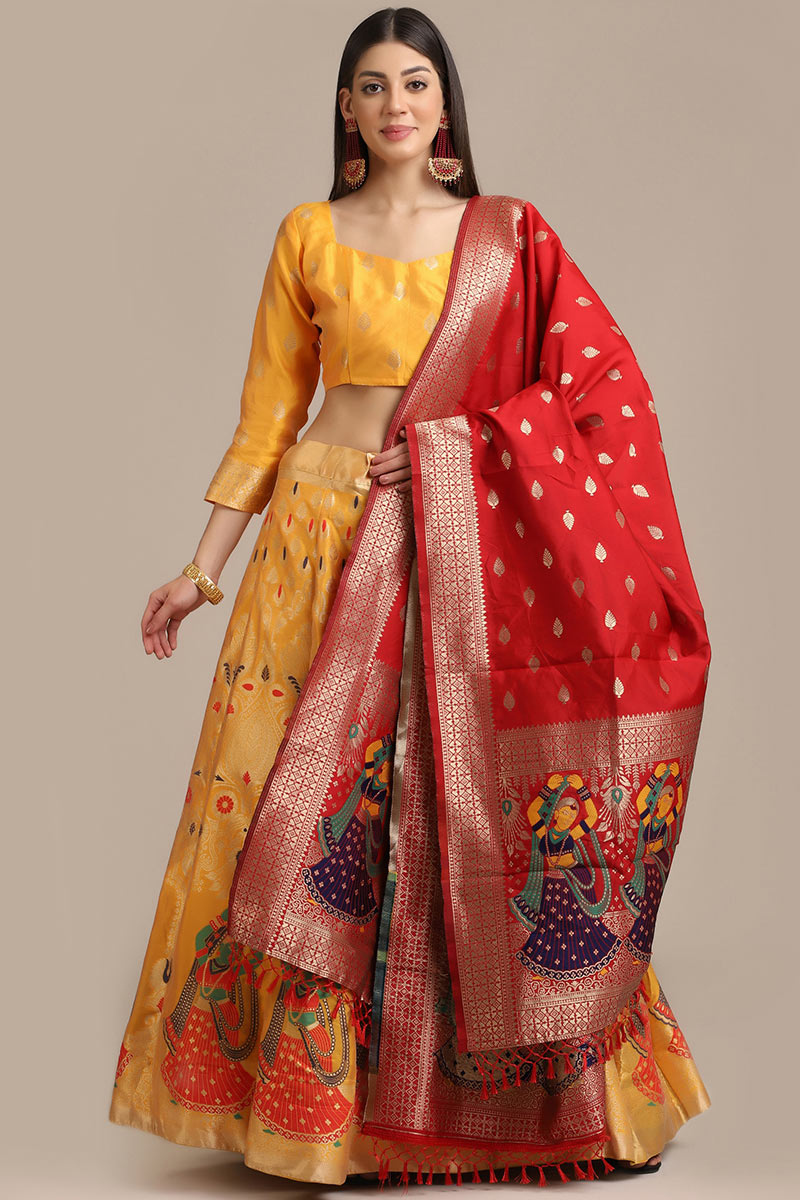 Mustard Yellow Silk A Line Woven Zari Lehenga