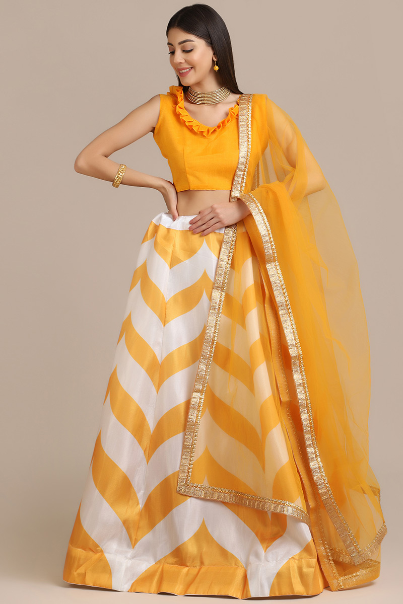 Mustard Yellow Silk Printed A Line Lehenga & Net Dupatta