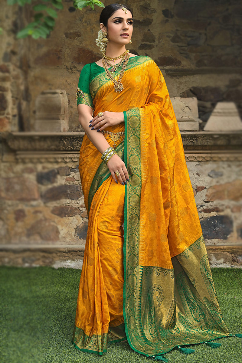 Buy Yellow & Green Dyed Bandhani Silk Saree by SUTRA ATTIRE at Ogaan Market  Online Shopping Site