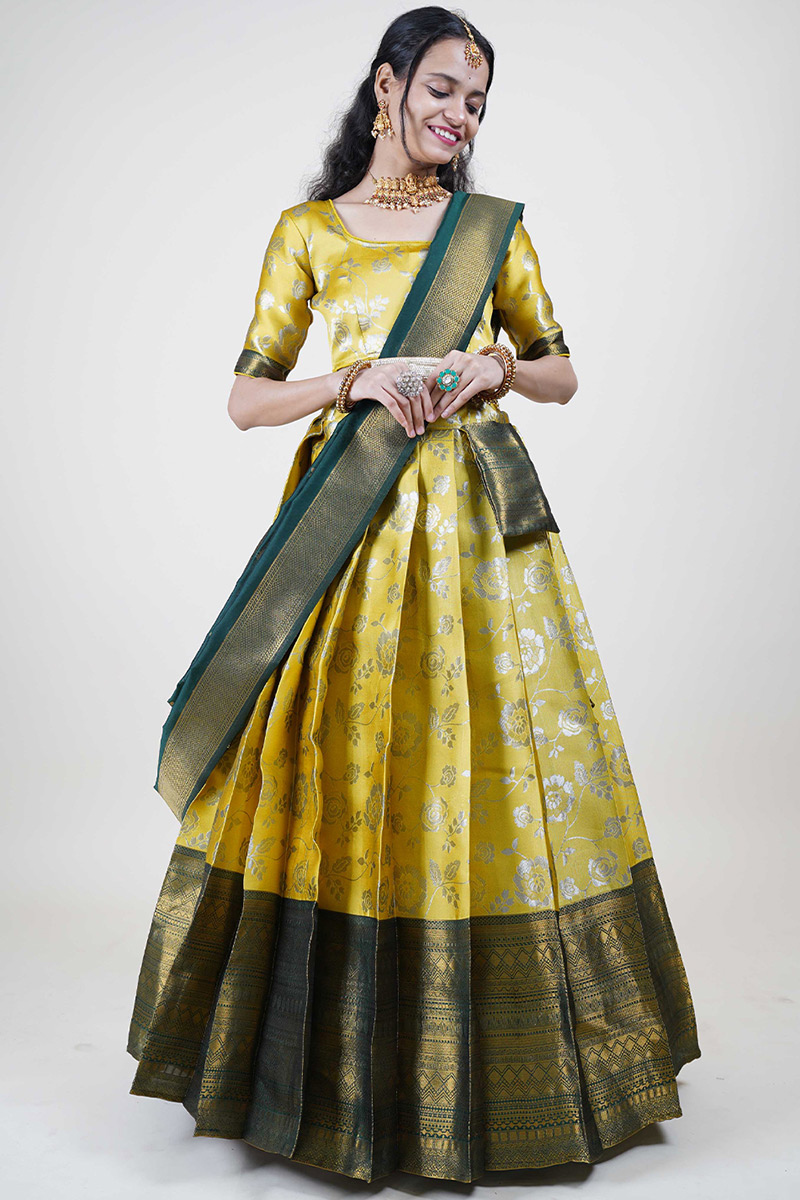 Mustard Yellow Silk Woven Zari Flared Lehenga