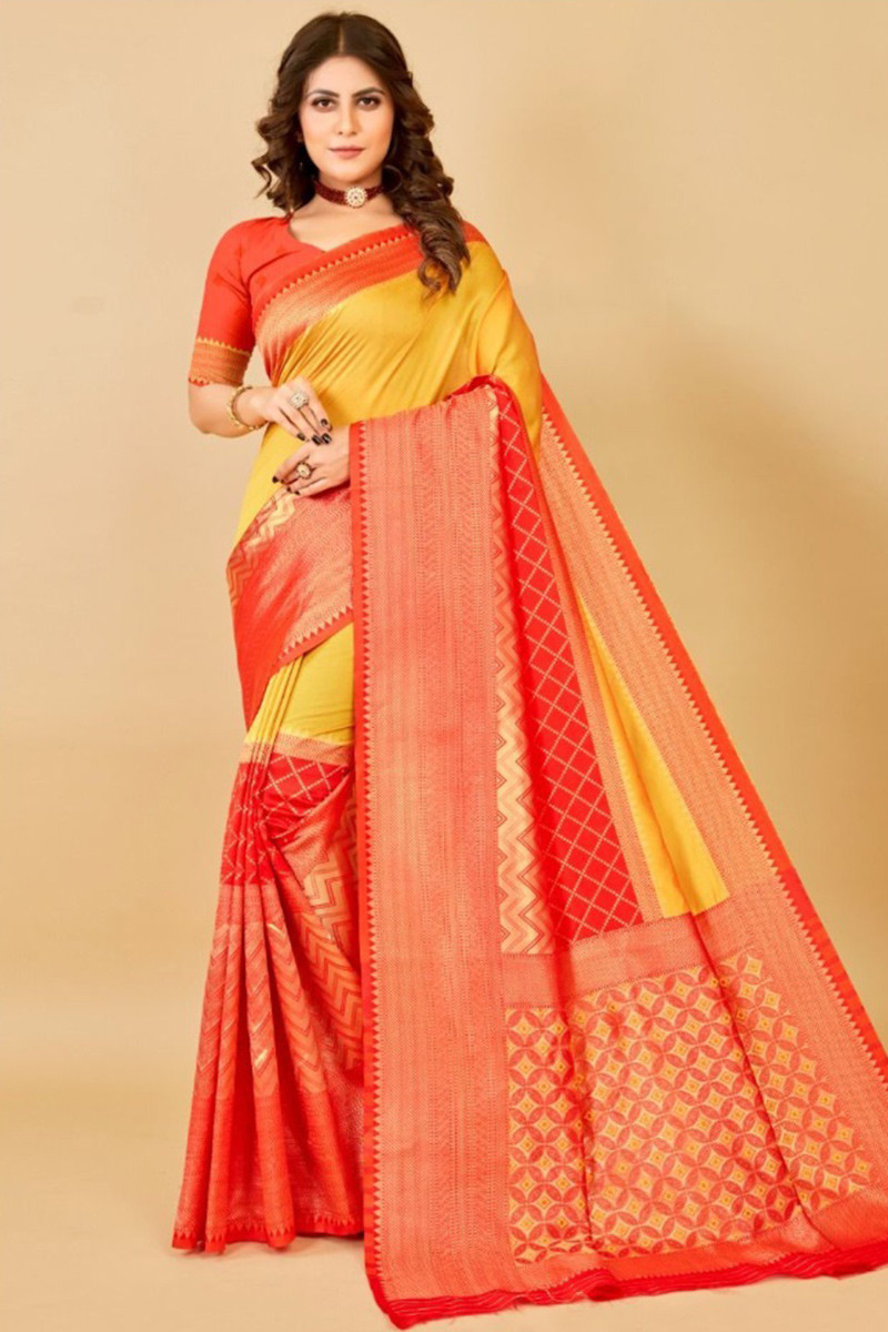 Trendy Fashion Zari Art Silk Mustard Yellow South Indian Saree|SARV153901