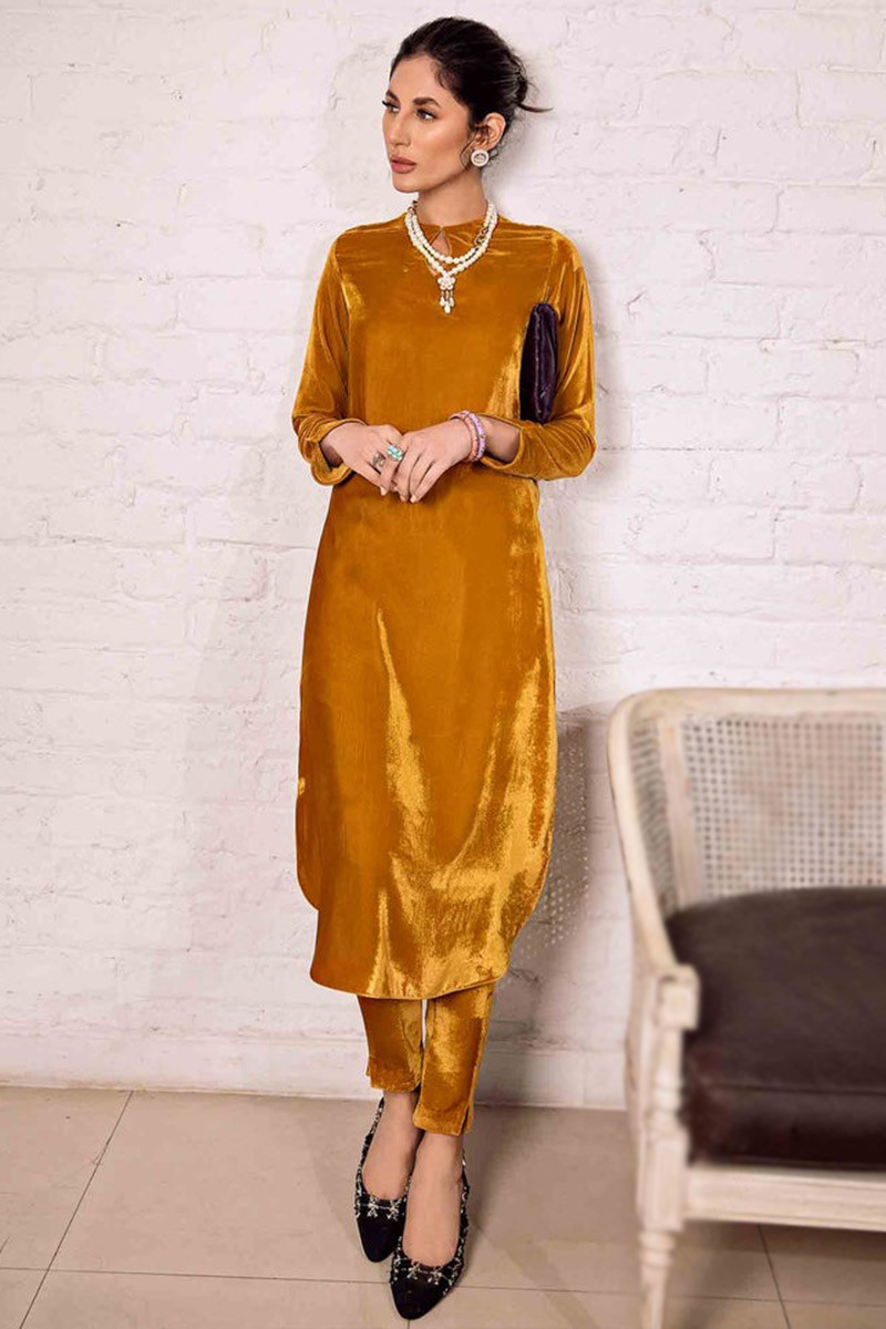 Ethnic Wear Trouser Suit in Mustard Yellow Plain Fabric LSTV114760
