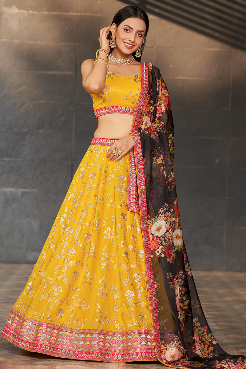 Zari Embroidered Work Georgette Haldi Special Lehenga Choli - Rent main image 1