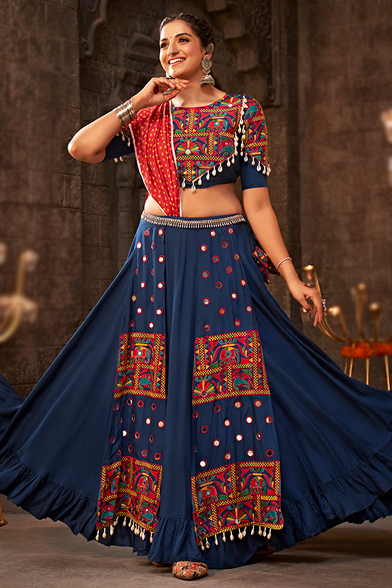 Traditional Blue halfsaree with red set | Latest bridal lehenga designs,  Saree jacket designs, Half saree designs