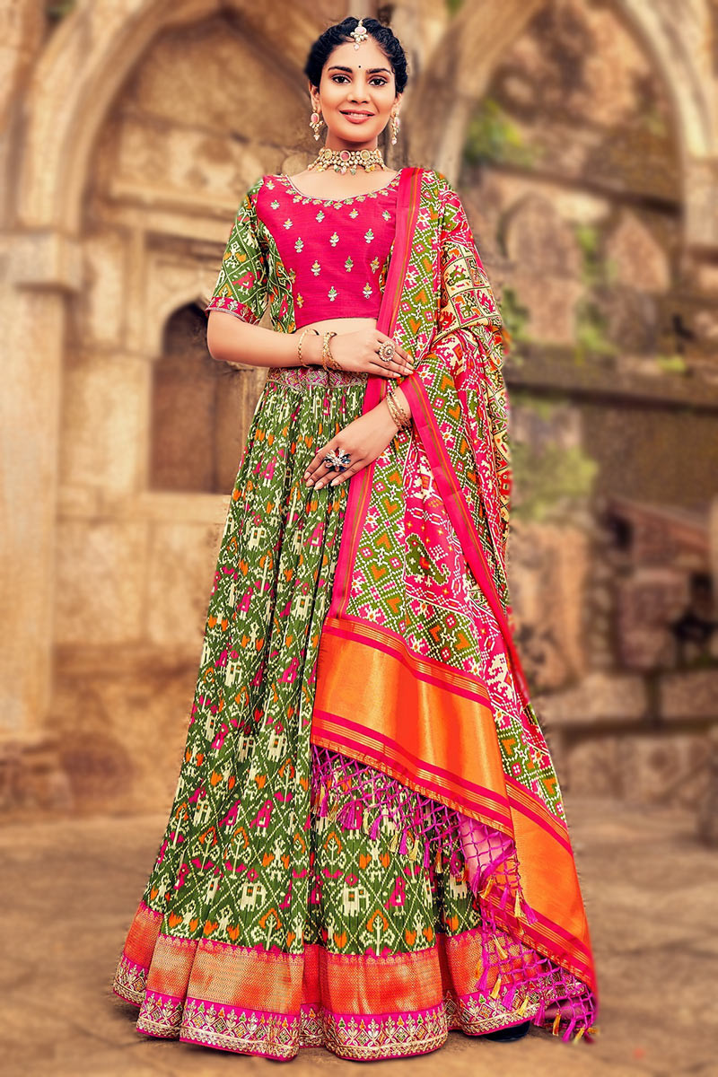 Navratri Fern Green Silk Patola Printed Lehenga Choli