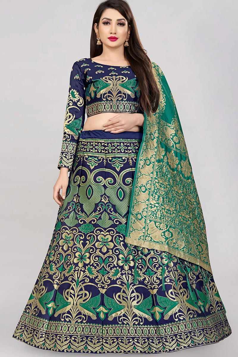 Navy Blue A-line Woven Zari Lehenga Choli 