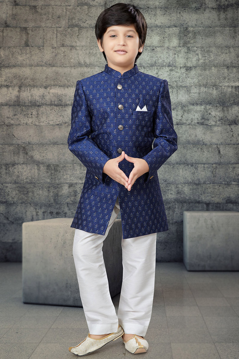 Navy Blue Art Silk Embroidered Boy s Straight Cut Sherwani MSTV03074