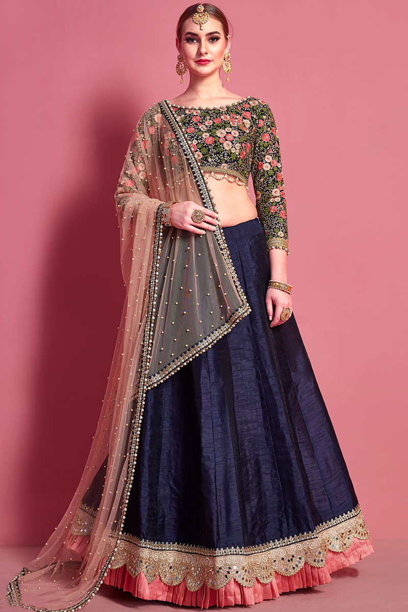 Mirror Work Navy Blue Lehenga in Art Silk for Party 