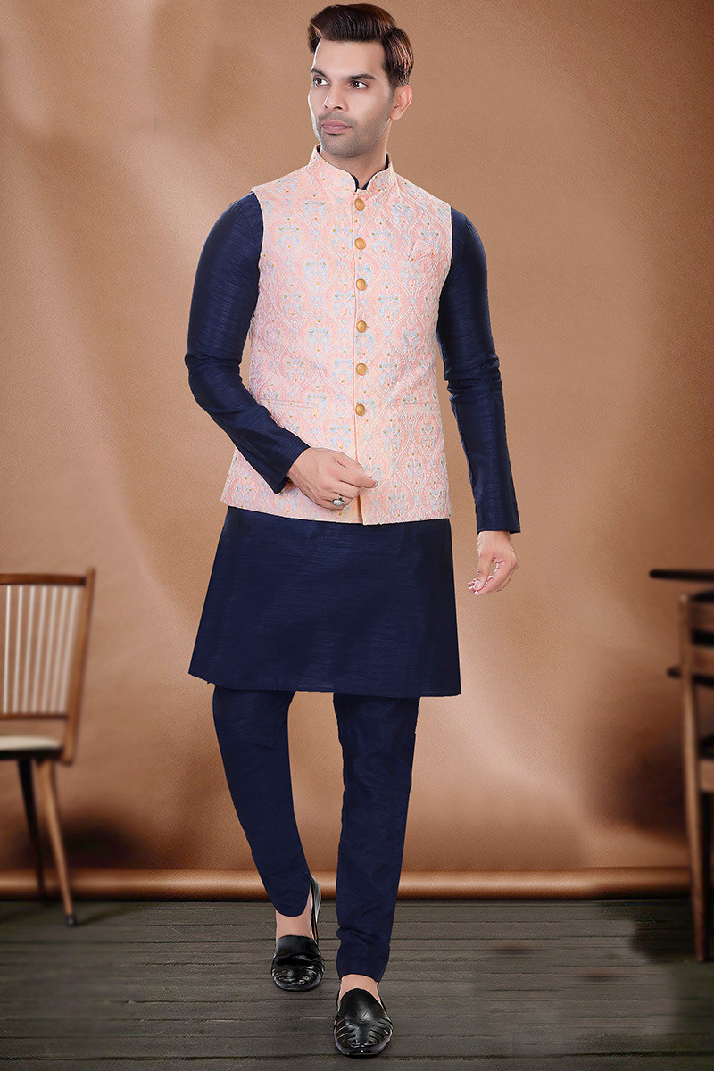 Navy Blue Art Silk Jacket Style Men s Kurta Pajama MKPA06304