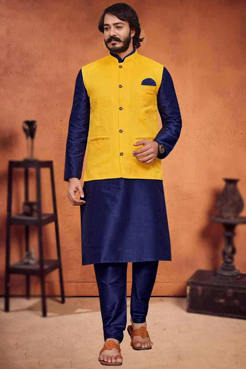Trending Men Kurta Pajama in Navy Blue Art Silk Fabric MKPA01060