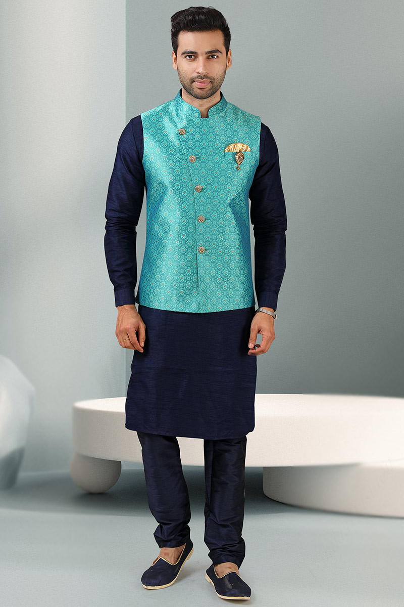 Clothing Fashion Navy Blue Art Silk Plain Kurta With Churidar MKPA0493