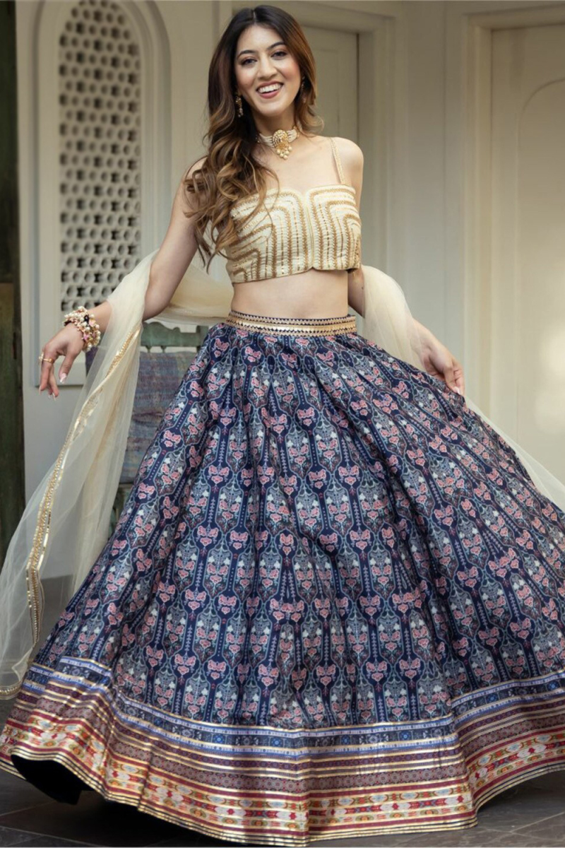 Navy Blue Art Silk Printed Flared Style Lehenga