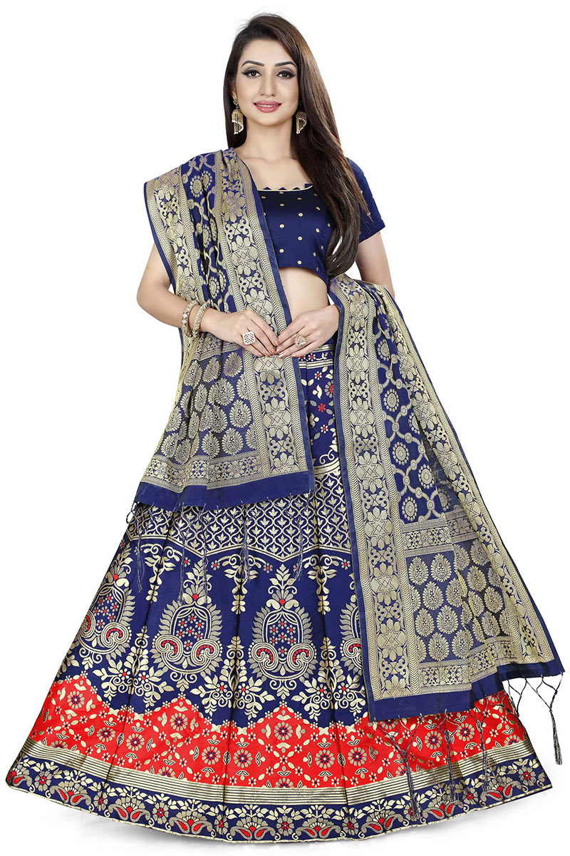 Navy Blue Banarasi Silk Wedding Wear Lehenga in Banarasi Silk