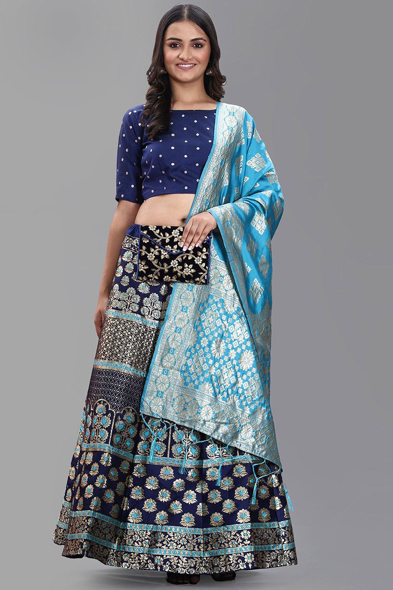 Lehenga in Banarasi Silk Navy Blue with Zari Work for Party 