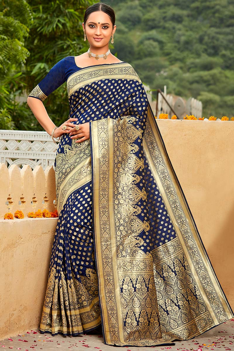 Fashion Outfits Sky Blue Silk Woven Zari Wedding Saree|SARV118954