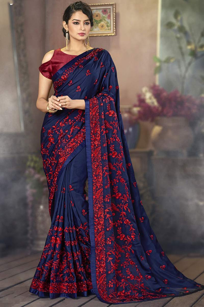 maroon and dark blue sari | Blouse images, Saree designs, Wedding outfit